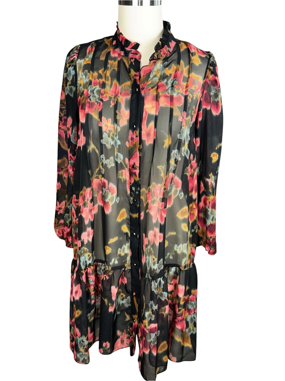 Maia Womens Size 14 Sheer Floral Chiffon Shirt Dress Button Front Ruffle Hem